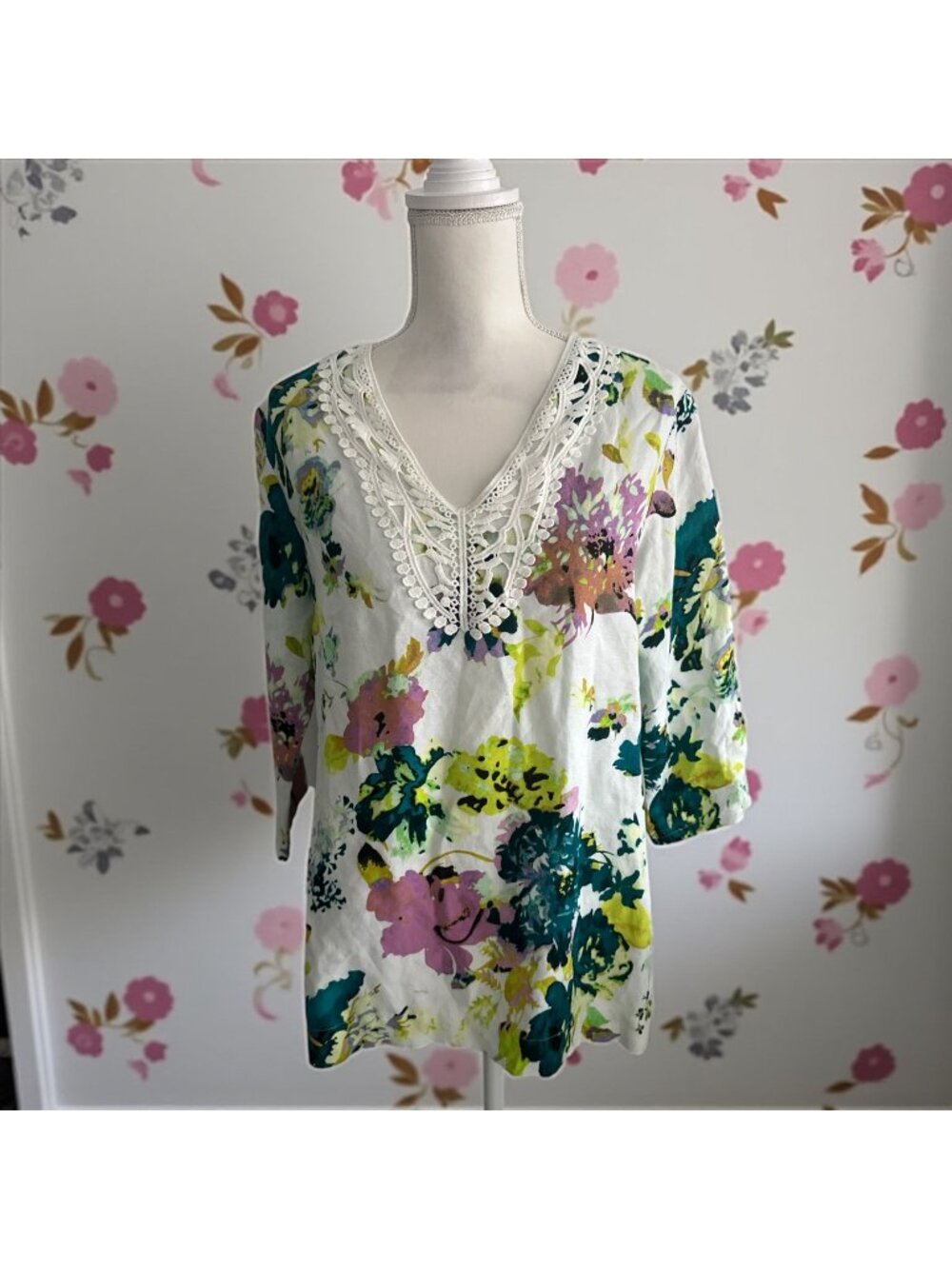 PREMISE Floral Linen Blend Tunic Top Size Small